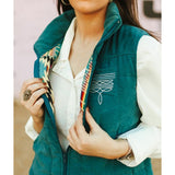 women's teal quilted vest with boot stitch pattern on front pocket & back yoke lining view