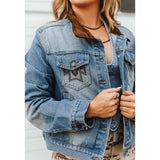 Women's Vintage Embroidered Aztec Denim Jacket front pocket view