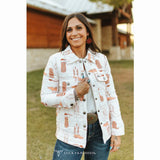 Woman wearing white quilted jacket with brown boots print