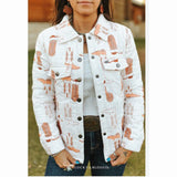 Close up view of woman wearing white quilted jacket with brown boots print