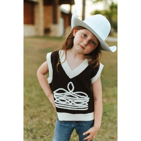 Girls Brown Ivory Boot Stitch Knit Sleeveless Sweater