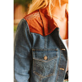 Denim Embroidered Boot Stitch Detail Brown Leather Yoke Jacket -Yoke View