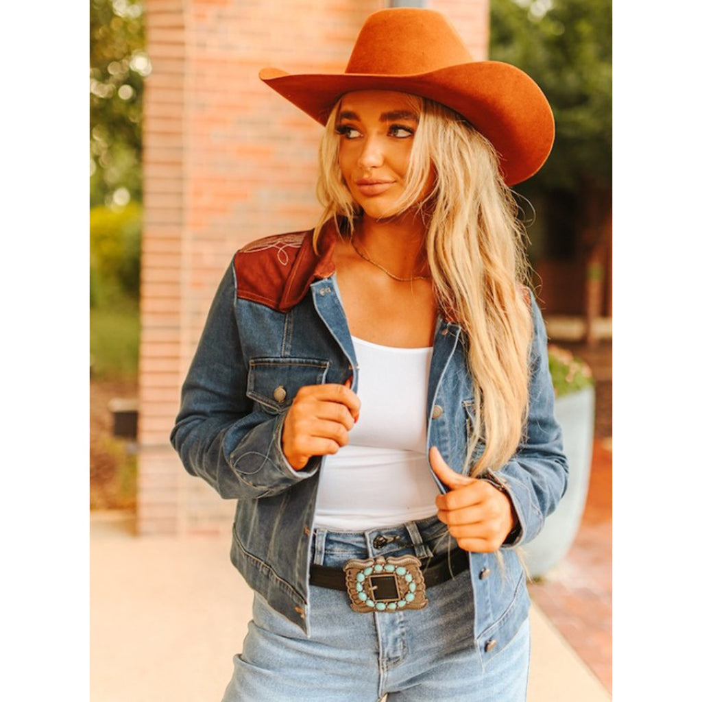 Denim Embroidered Boot Stitch Detail Brown Leather Yoke Jacket