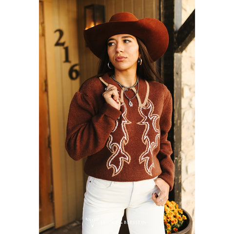 Brown Boot-stitch Knit Puff Sleeve Collared Sweater