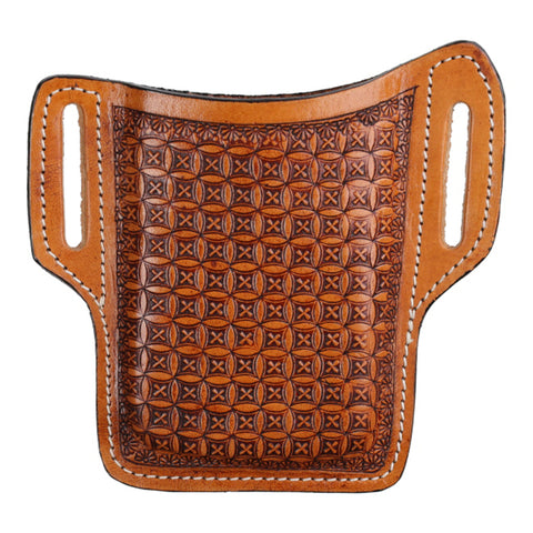 Western-style phone holder with waffle tooled design and belt loop attachment