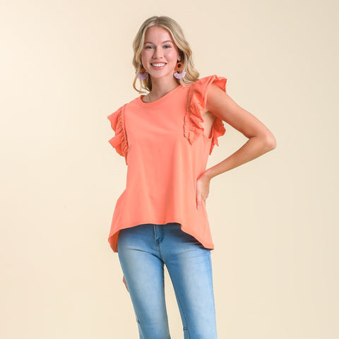 Umgee USA Women's Solid Ruffle Sleeve Shirt