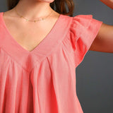 Umgee USA Women's Solid V-Neck Ruffle Sleeveless Shirt