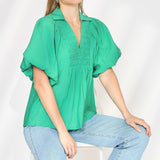 Jade Exaggerated Bubble Sleeve Top with Front Yoke and Smocking Details