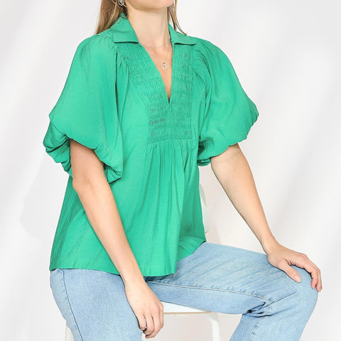 Jade Exaggerated Bubble Sleeve Top with Front Yoke and Smocking Details