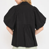 Women's Black Smocked Front Yoke With Puff Sleeves Top