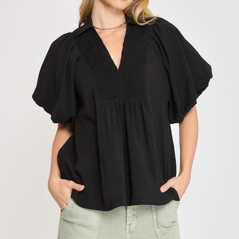 Black Exaggerated Bubble Sleeve Top with Front Yoke and Smocking Details