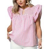 Pink/Whie Striped Top with Flutter Ruffle Sleeves with Ric-Rac Trim