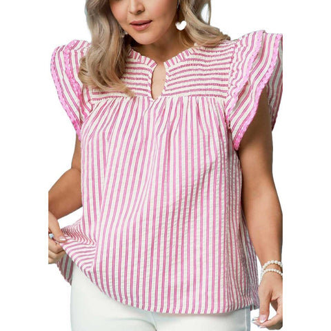 Pink/Whie Striped Top with Flutter Ruffle Sleeves with Ric-Rac Trim