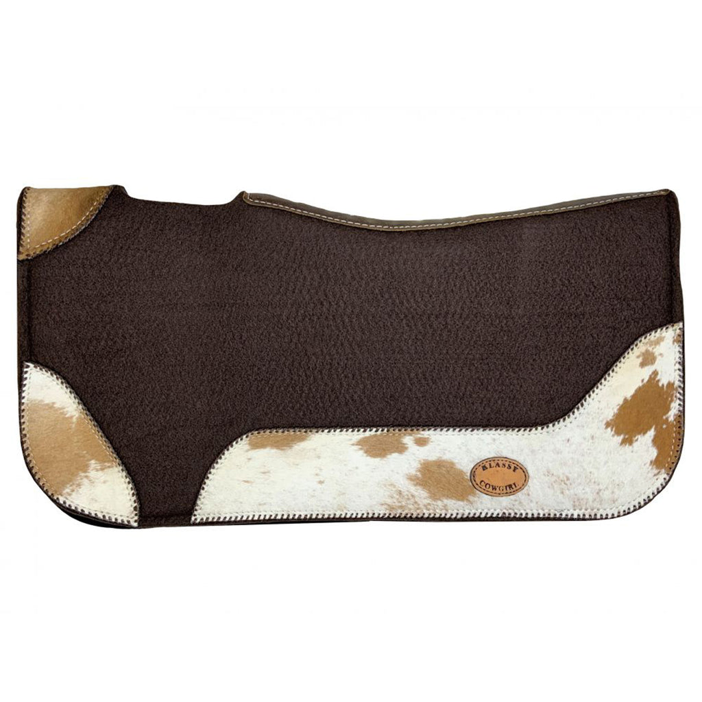 Side view of Klassy Cowgirl 28" x 30" Barrel Style Cowhide Saddle Pad 