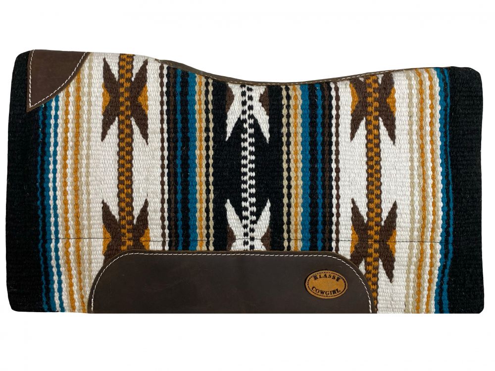 Woven Wool Saddle Pad over Memory Foam Felt with Brown, Black, Blue, Orange Aztec patterning. 