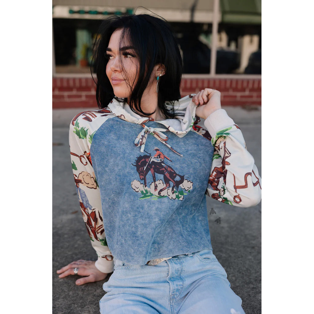 Vintage Denim Ranch Cropped Hoodie