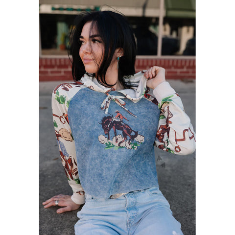 Vintage Denim Ranch Cropped Hoodie