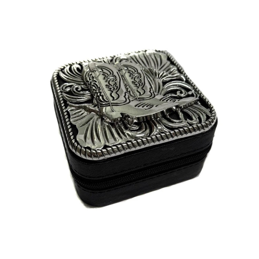 Full view of the Black Etched Metal Boot Jewelry Box exterioir