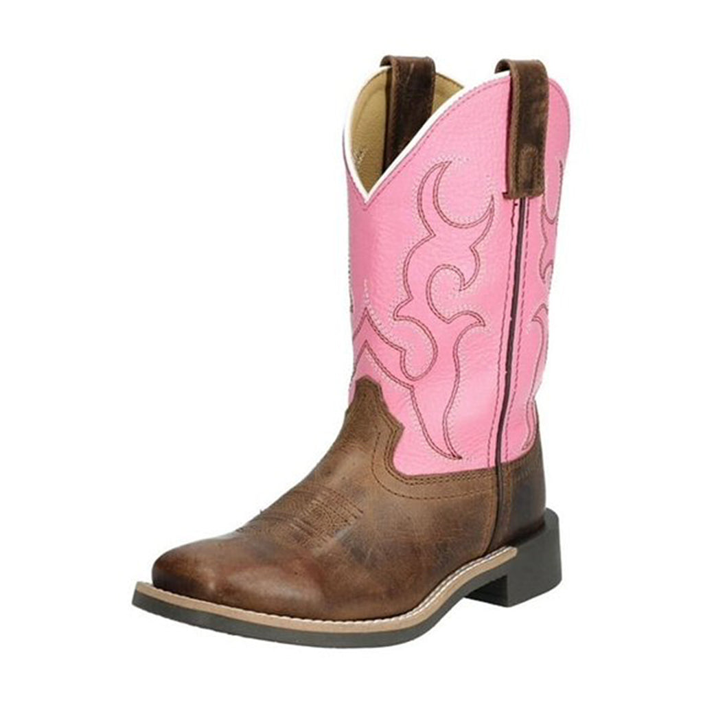 Side view of single pink shaft boot with a dark brown base. 