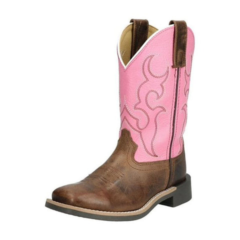Side view of single pink shaft boot with a dark brown base. 