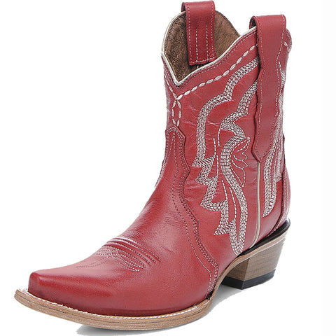 Red short cowboy bootie with white stitching.