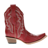 Side view of red short cowboy bootie with white stitching.