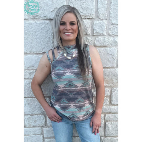 Turquoise and Grey Aztec Design Strap Tank Top