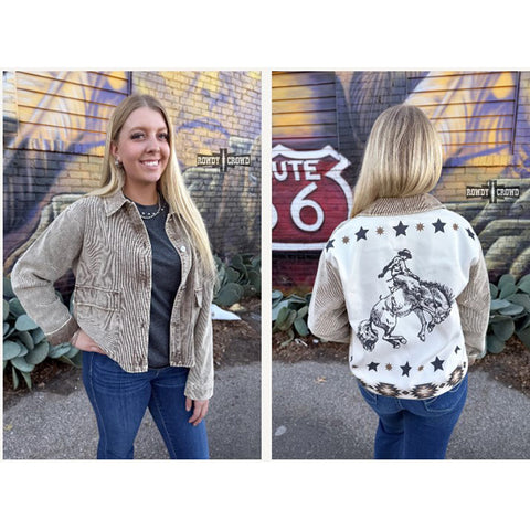 Brown/Cream Jacket with Bronc and Star Design on the Back and a Aztec Print at the Bottom