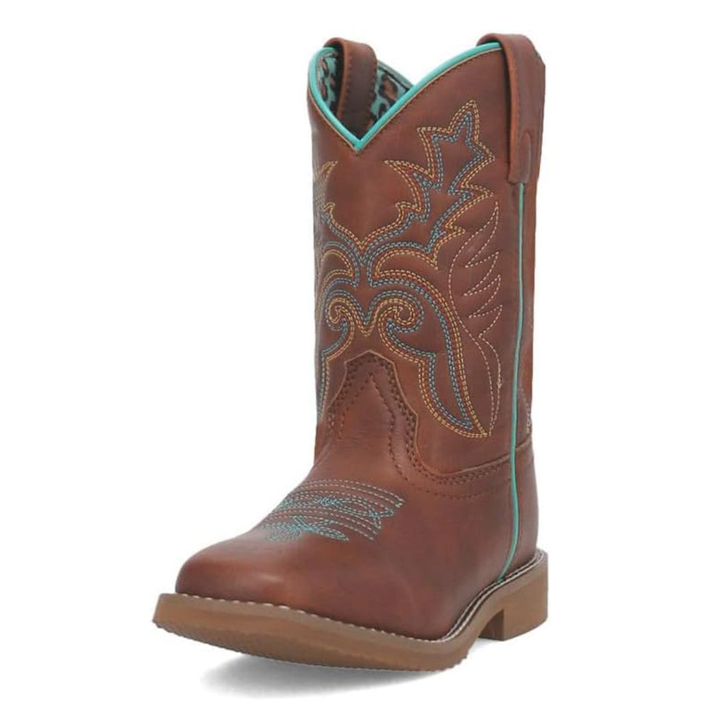 kids cowboy boots in cognac brown color with blue stitching