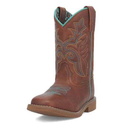 kids cowboy boots in cognac brown color with blue stitching