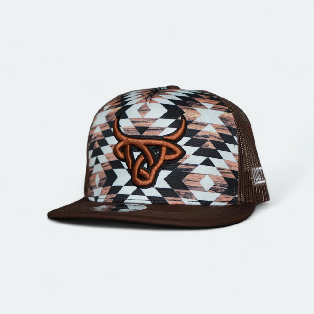 LOST CALF Rustic Snapback Hat Brown Flat Bill Mesh Back Trucker Cap