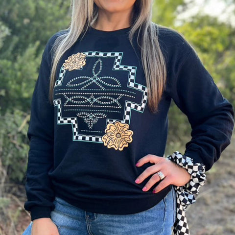 Little Country Little Hood Pullover Sweatshirt featuring a checked Aztec graphic, boot stitch, and two tooled leather flowers