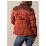 women's puffer style jacket with a dark brown suede yoke and collar back view