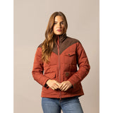 women's puffer style jacket with a dark brown suede yoke and collar