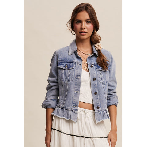 Women's Light Washed Denim Jacket With Ruffled Raw Hem