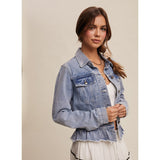 Women's Light Washed Denim Jacket With Ruffled Raw Hem Side View