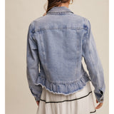 Women's Light Washed Denim Jacket With Ruffled Raw Hem Back View
