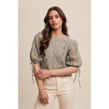 Sage Eyelet Puff Sleeve Knit Sweater Top