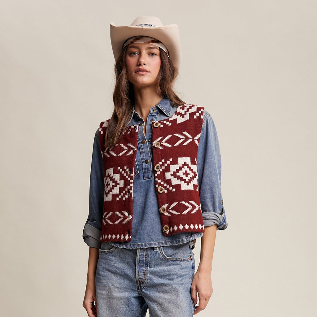 Women's Southwestern Button-up Wool Vest In Burgundy & White