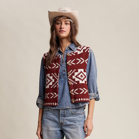Women's Southwestern Button-up Wool Vest In Burgundy & White