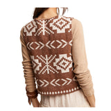 AZTEC PRINT BUTTON-UP KNIT VEST - AMBER BROWN BACK VIEW