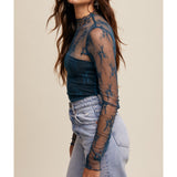 Teal Lace Mesh Long Sleeve Top