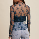 Teal Lace Mesh Long Sleeve Top