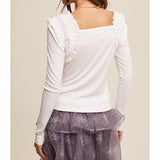 Women's Cream Square Neck Ruffled Sholder Accents Long Sleeve Top