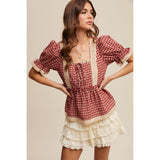 Red Gingham with Lace Puff Short Sleeve