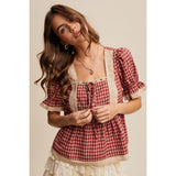 Red Gingham with Lace Puff Short Sleeve