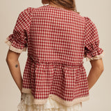Red Gingham with Lace Puff Short Sleeve