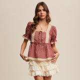 Red Gingham Puff-Sleeve Blouse with Lace Trim