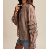 side view of a woman wearing a mocha Lace Ruffle Sleeve Pintuck Blouse