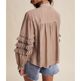 Mocha Lace Ruffle Sleeve Pintuck Blouse back view